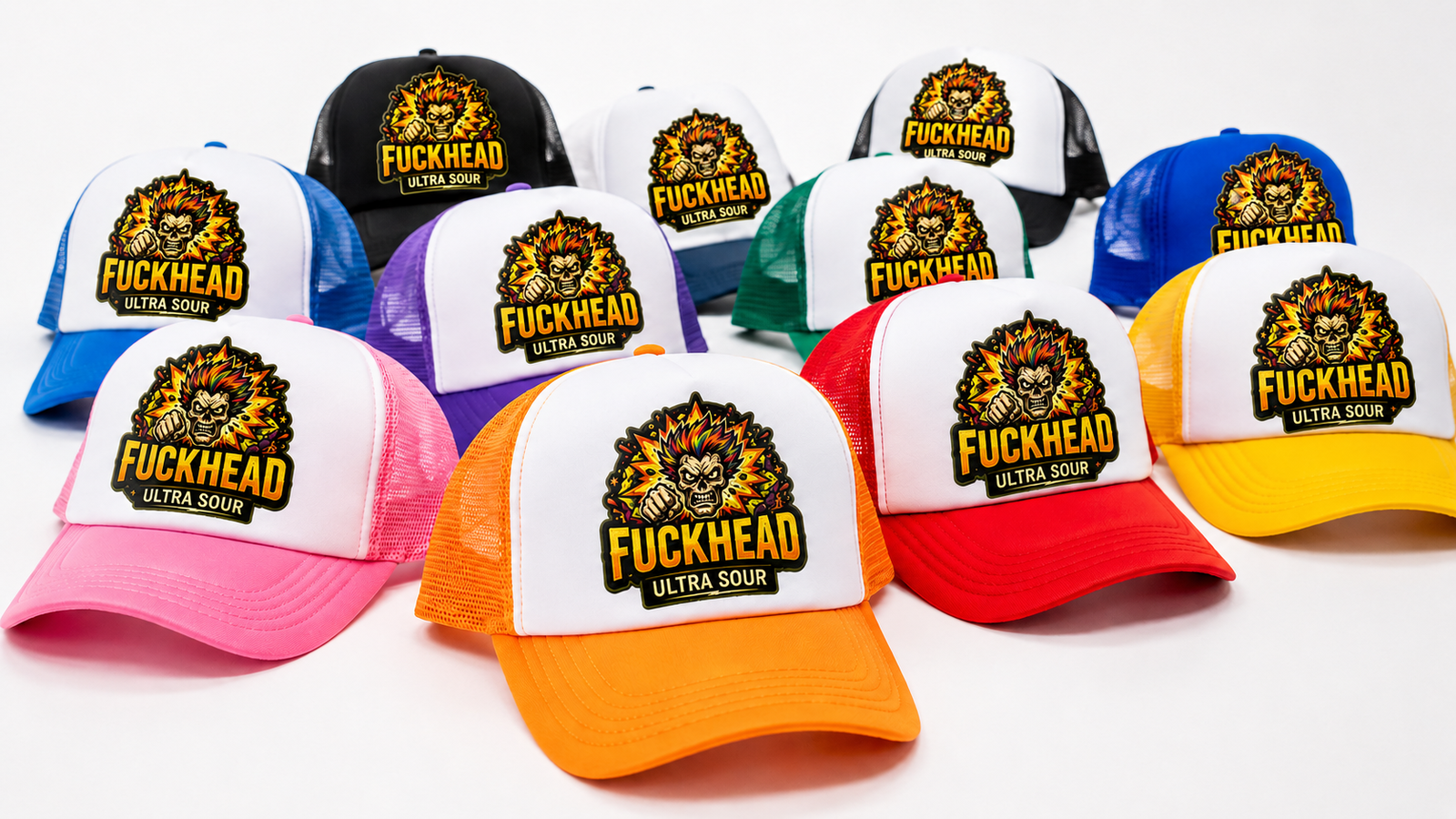 Colourful FUCKHEAD branded hats
