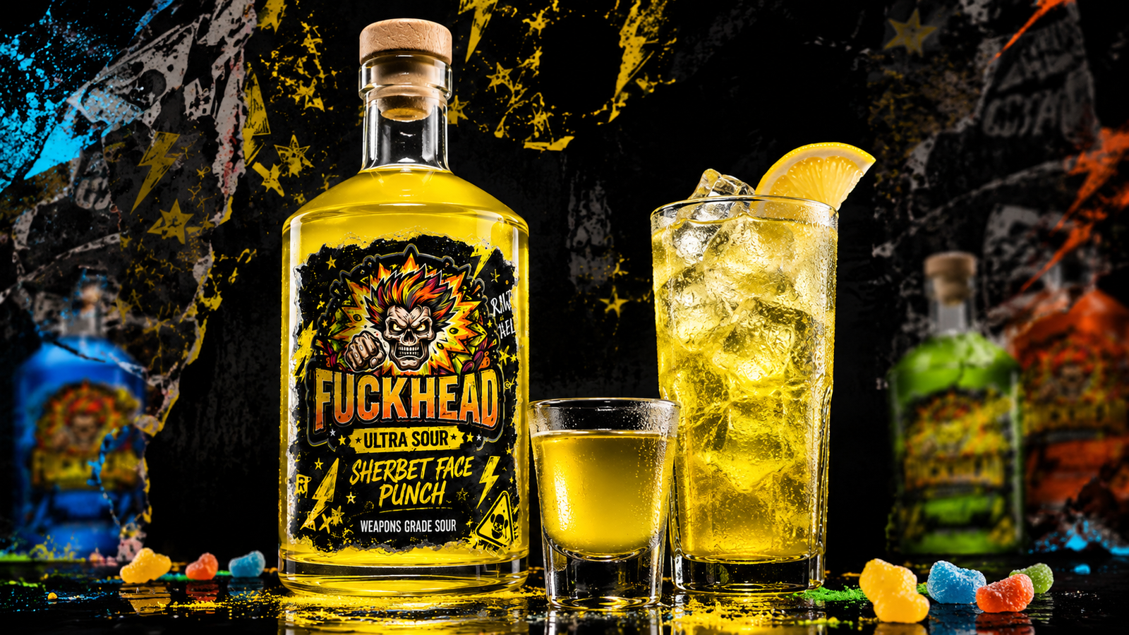 FUCKHEAD Ultra Sour bottle with shot and lemon serve